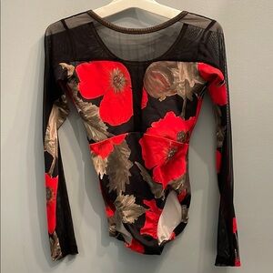 Luckyleo Black & Red Floral Long-Sleeve Mesh ballet leotard